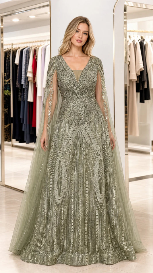 Emerald Cape Sleeve Evening Gown