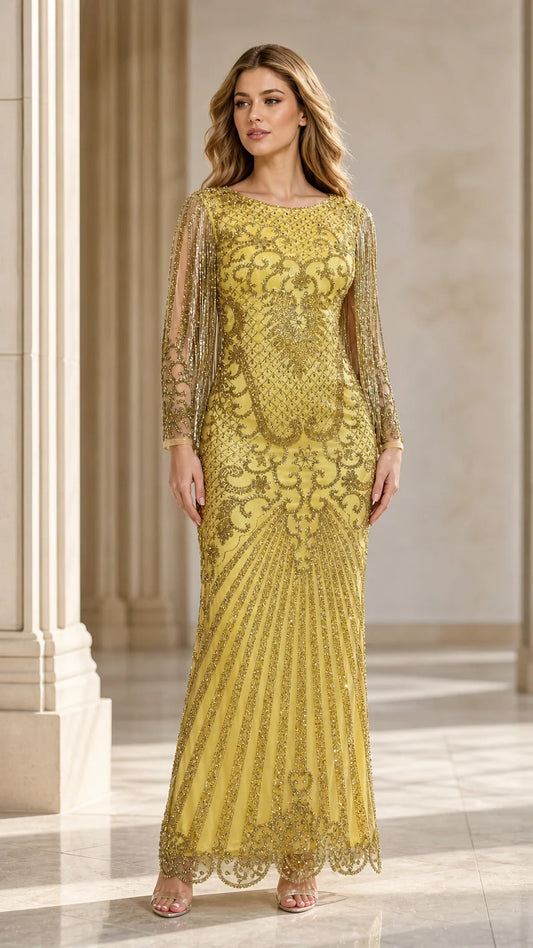 Orchid Beaded Long-Sleeve Gown