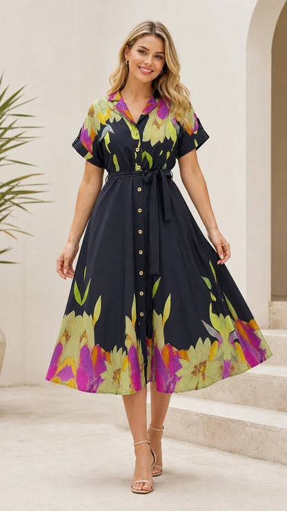 Champagne Floral Midi Shirt Dress