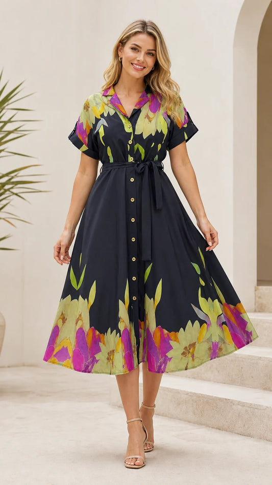 Champagne Floral Midi Shirt Dress