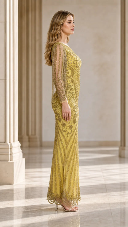 Orchid Beaded Long-Sleeve Gown