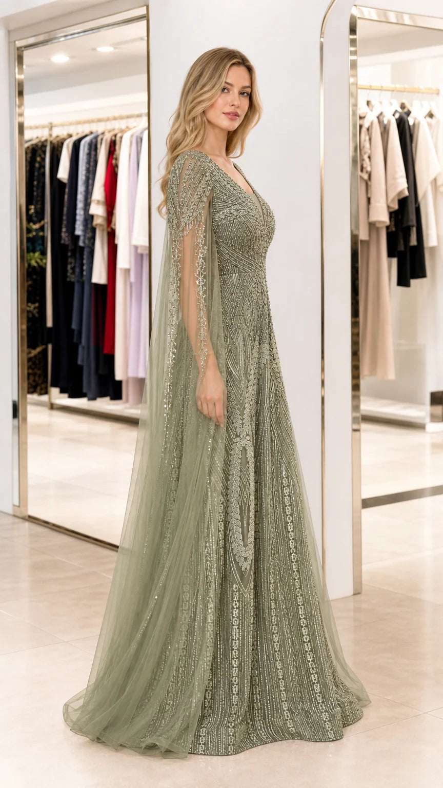 Emerald Cape Sleeve Evening Gown