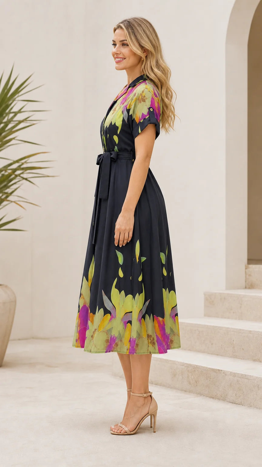 Champagne Floral Midi Shirt Dress
