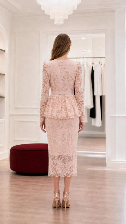 Pearl Lace Peplum Midi Dress