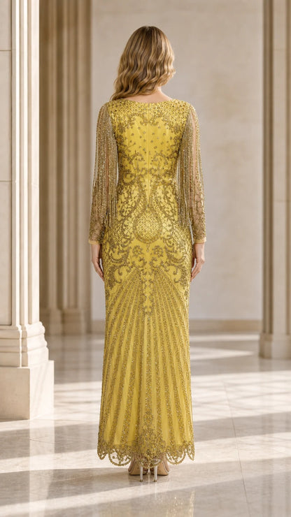 Orchid Beaded Long-Sleeve Gown