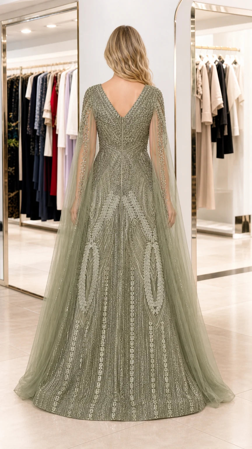 Emerald Cape Sleeve Evening Gown
