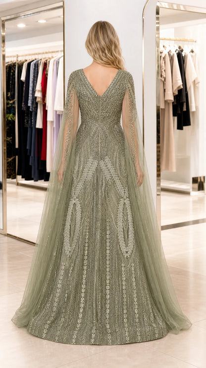 Emerald Cape Sleeve Evening Gown