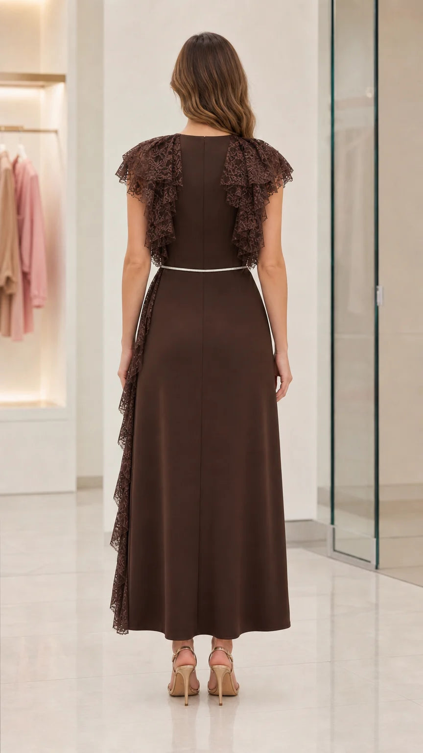 Cocoa Lace Ruffle Maxi Dress