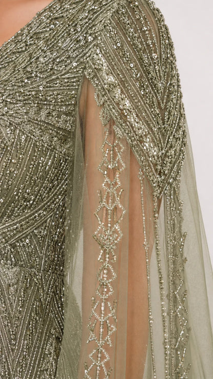 Emerald Cape Sleeve Evening Gown