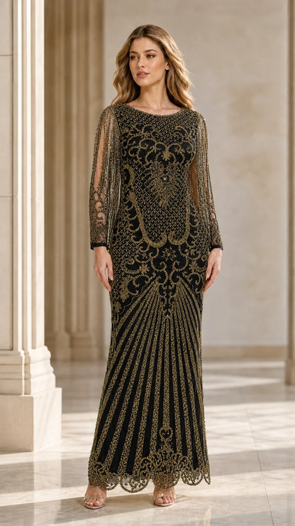 Orchid Beaded Long-Sleeve Gown