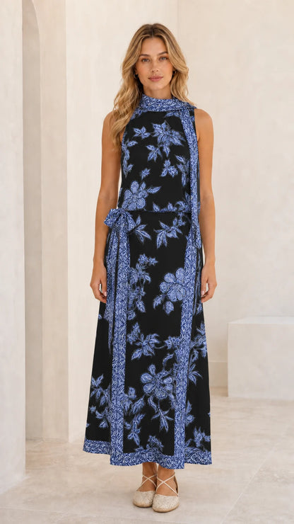 Luxe Floral Neck-Tie Maxi Dress