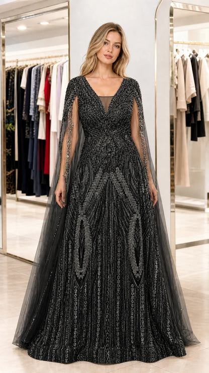 Emerald Cape Sleeve Evening Gown