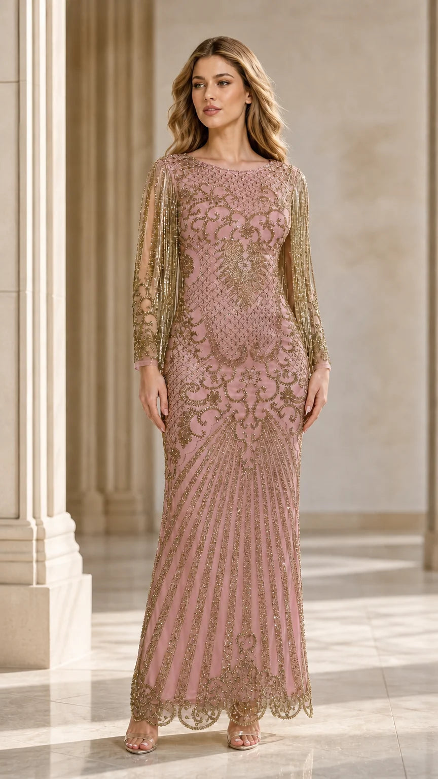 Orchid Beaded Long-Sleeve Gown