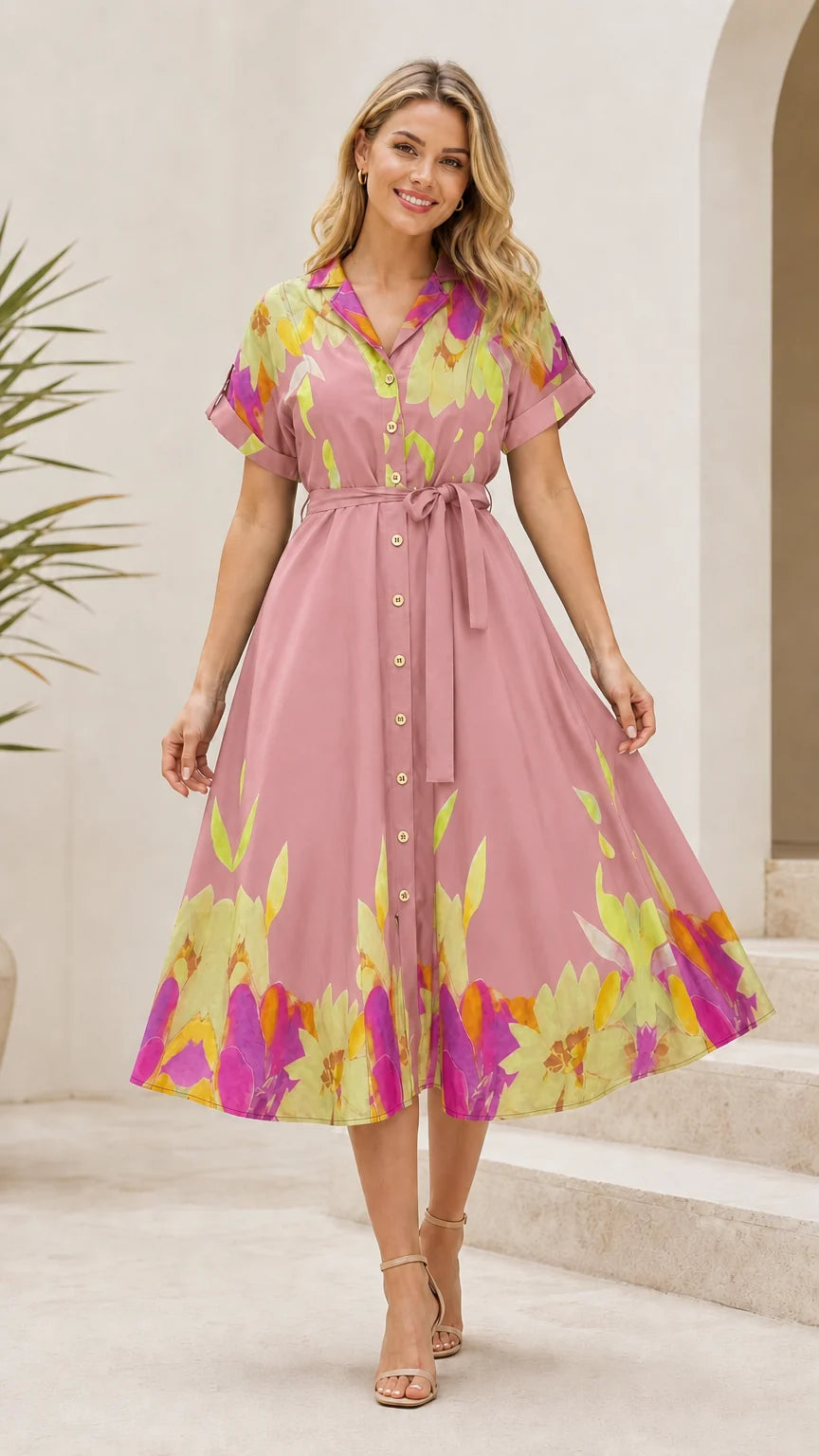 Champagne Floral Midi Shirt Dress