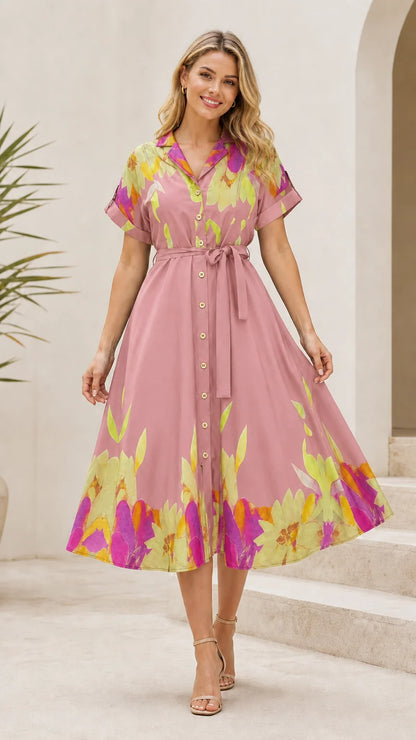 Champagne Floral Midi Shirt Dress