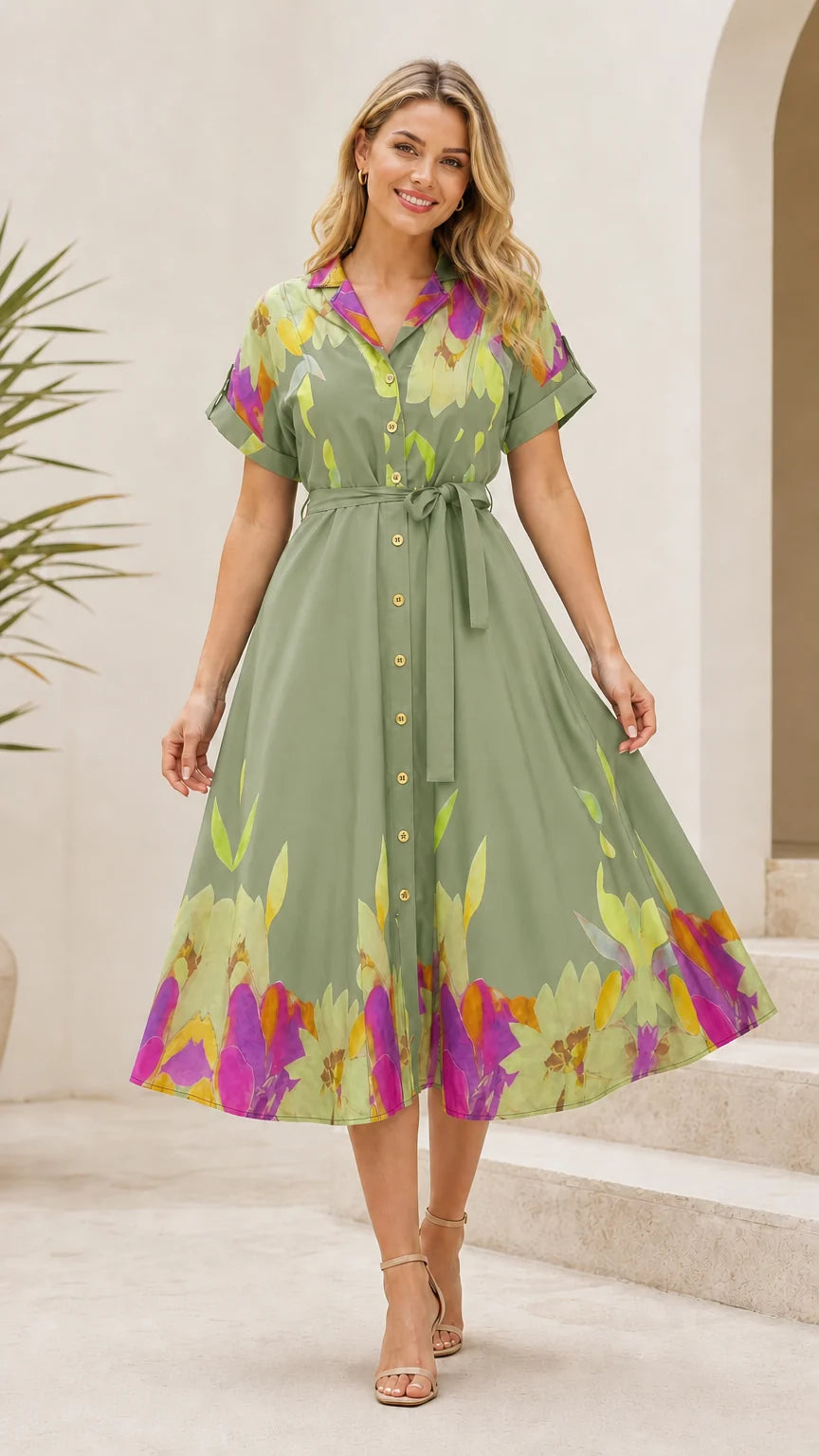 Champagne Floral Midi Shirt Dress