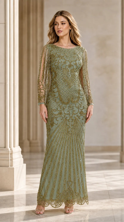 Orchid Beaded Long-Sleeve Gown