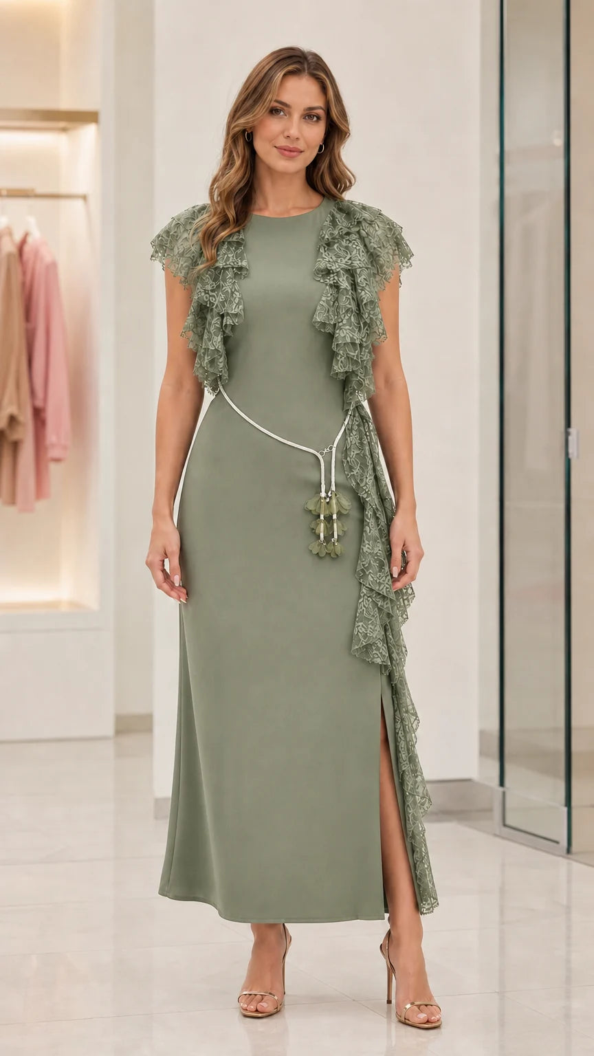 Cocoa Lace Ruffle Maxi Dress