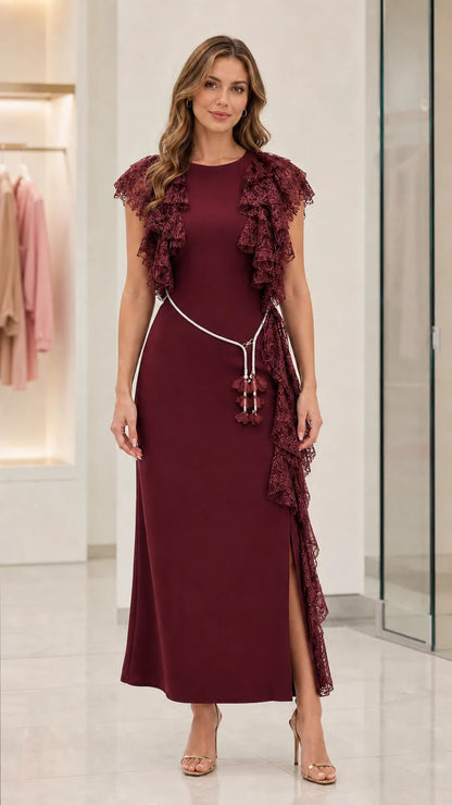 Cocoa Lace Ruffle Maxi Dress