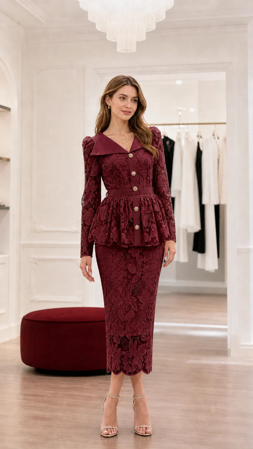 Pearl Lace Peplum Midi Dress
