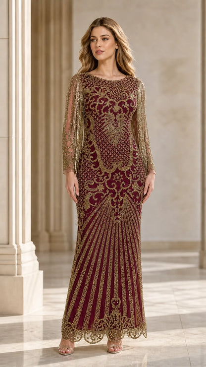 Orchid Beaded Long-Sleeve Gown