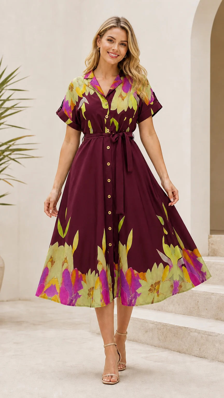 Champagne Floral Midi Shirt Dress