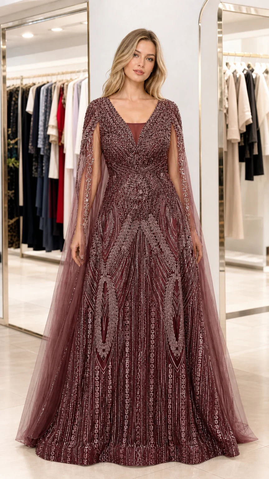 Emerald Cape Sleeve Evening Gown