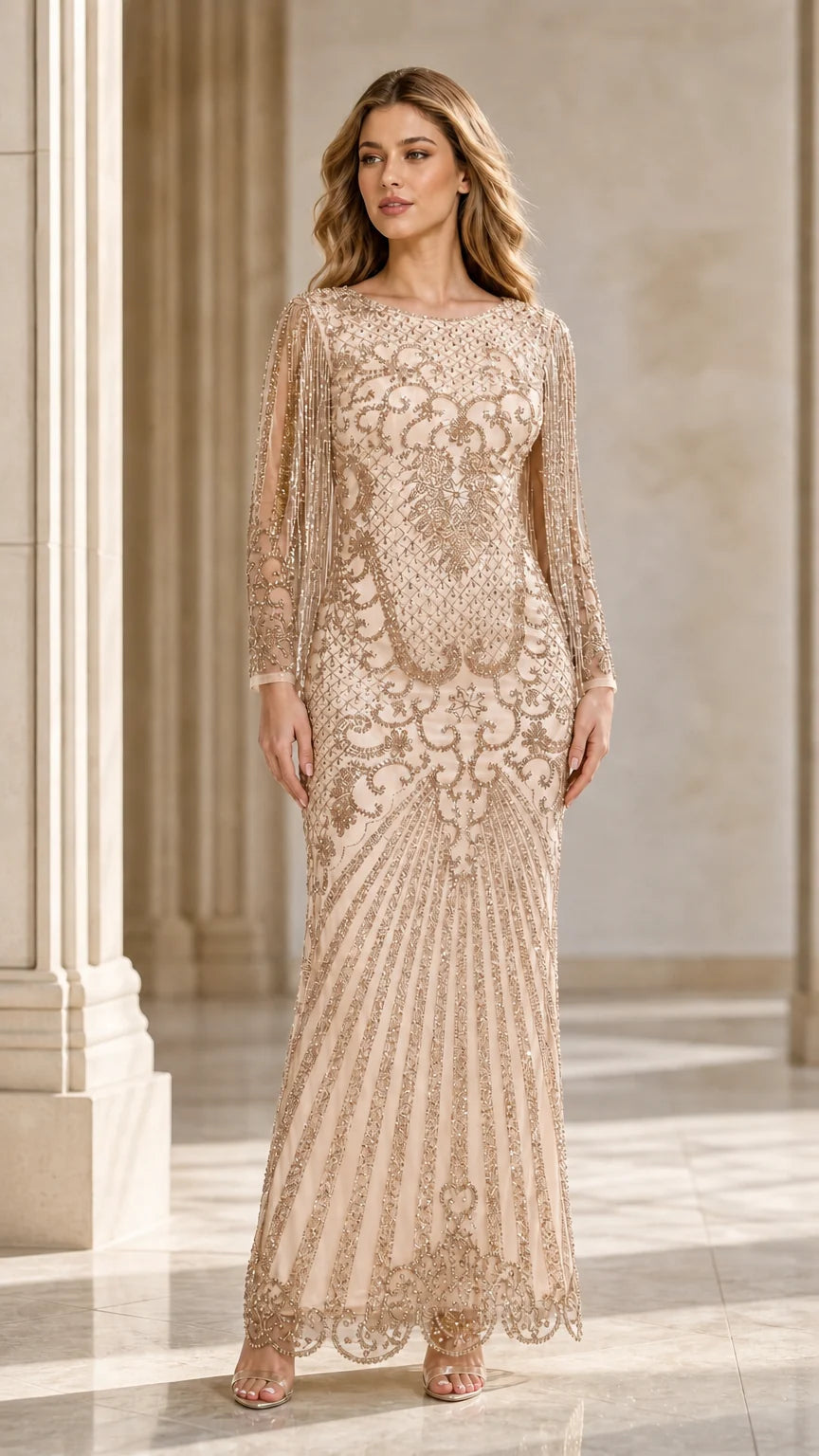 Orchid Beaded Long-Sleeve Gown