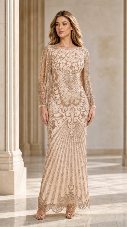 Orchid Beaded Long-Sleeve Gown