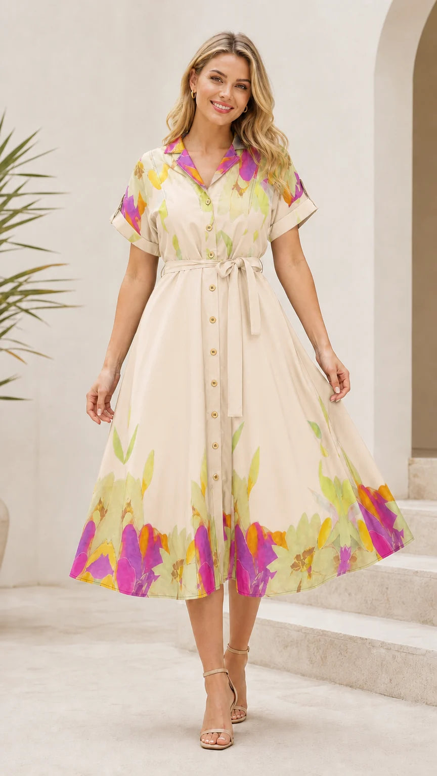 Champagne Floral Midi Shirt Dress