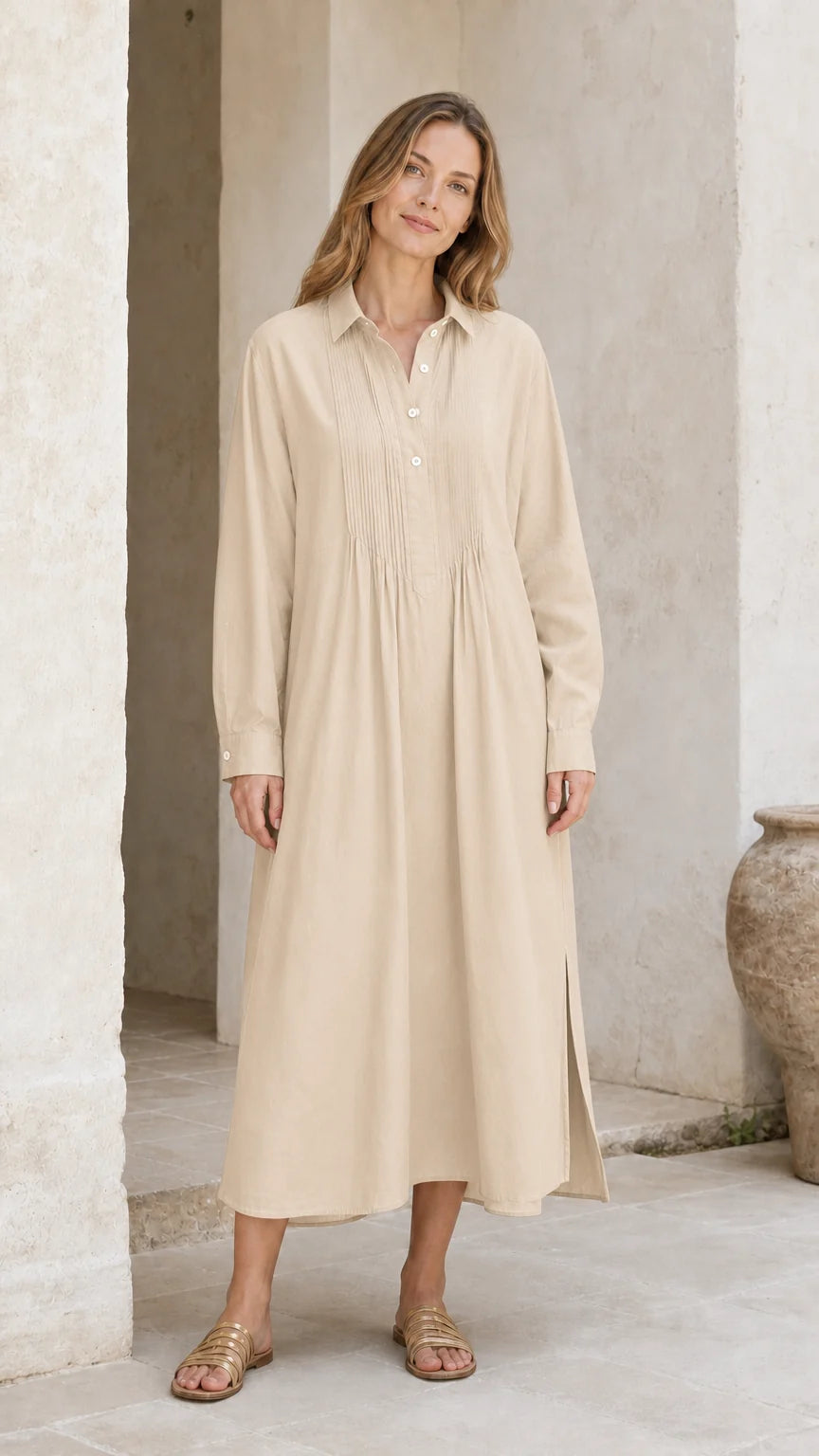 Imperial Pleated Midi Shirt Dress