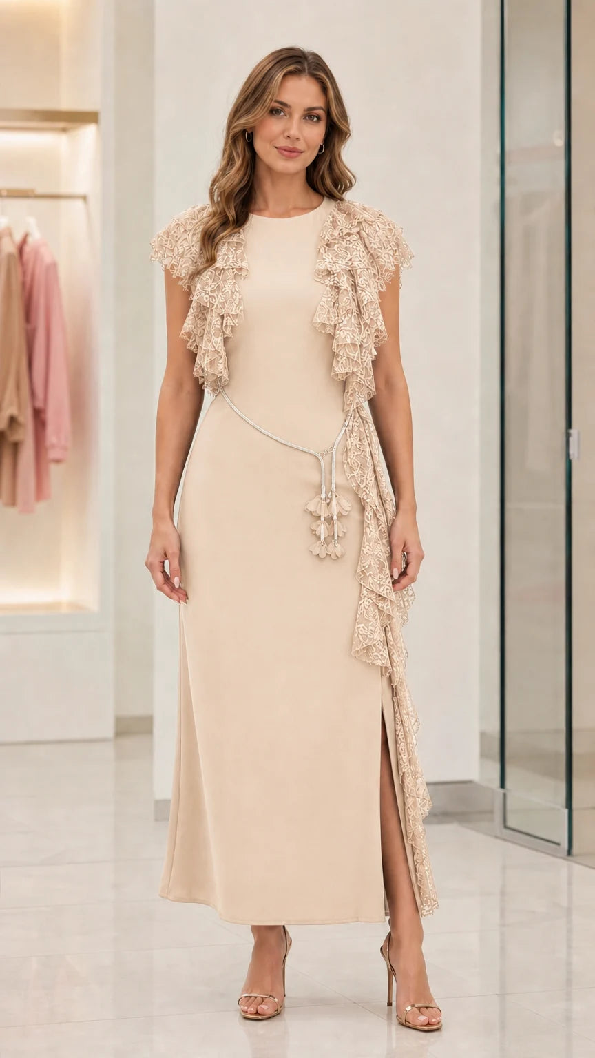Cocoa Lace Ruffle Maxi Dress