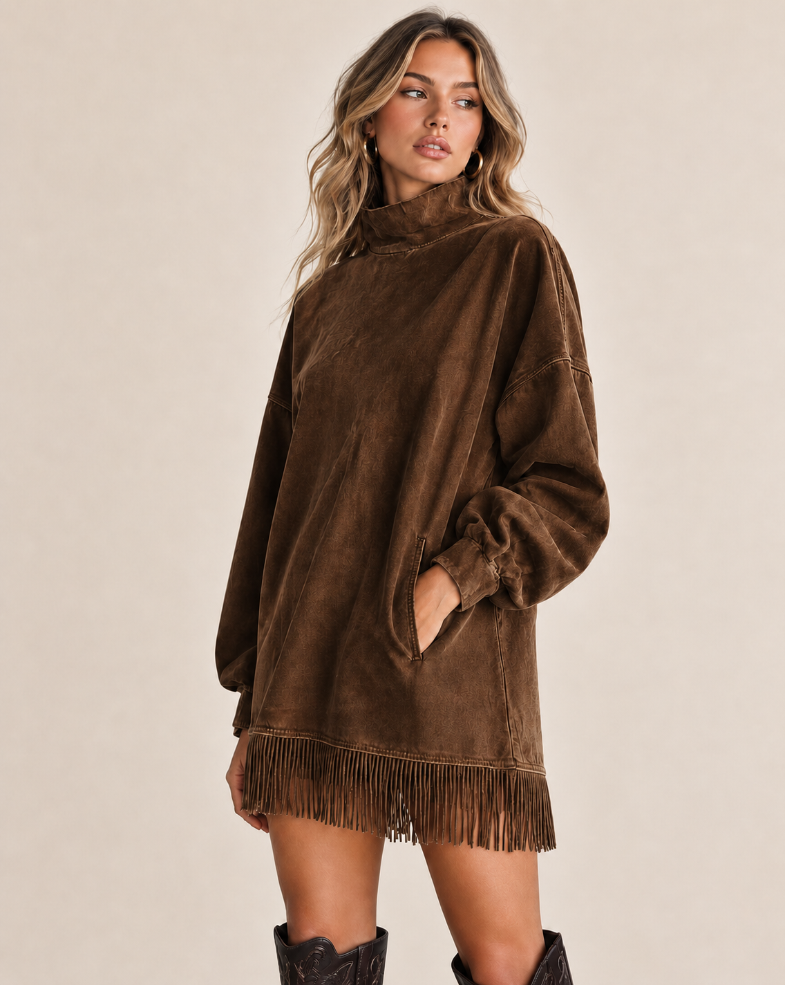 Casual Washed Turtleneck Long Sleeve Tassel Dress