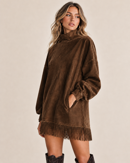 Casual Washed Turtleneck Long Sleeve Tassel Dress