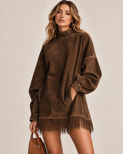Casual Washed Turtleneck Long Sleeve Tassel Dress