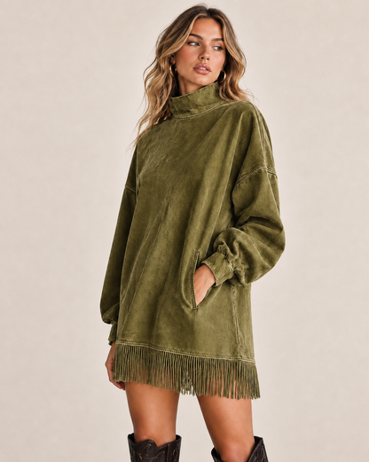 Casual Washed Turtleneck Long Sleeve Tassel Dress