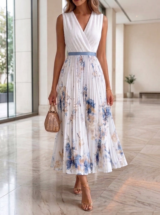 Floral Pleated V-Neck Maxi Dress
