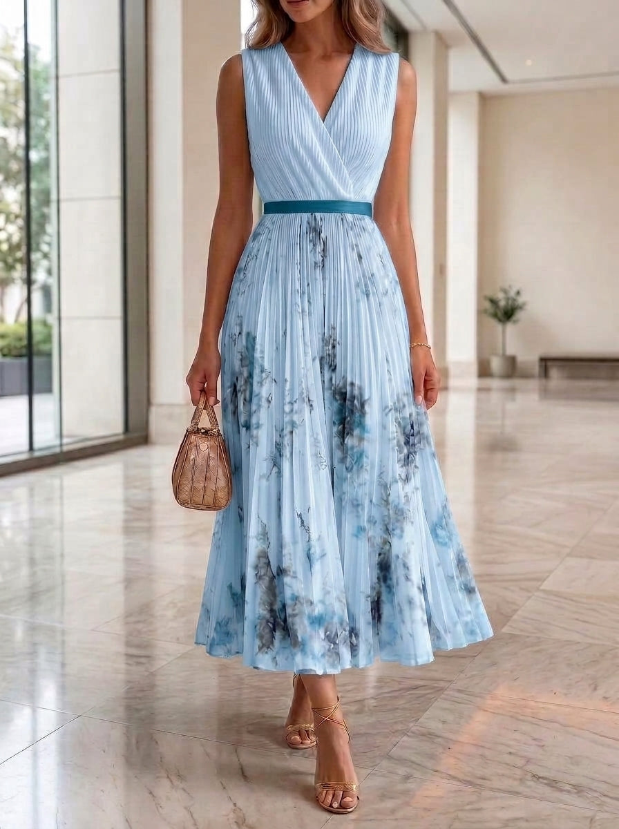 Floral Pleated V-Neck Maxi Dress