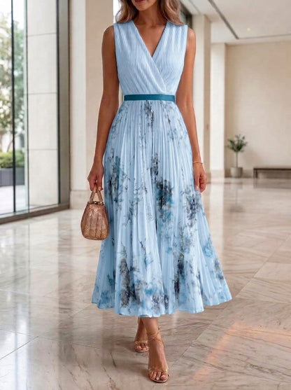 Floral Pleated V-Neck Maxi Dress