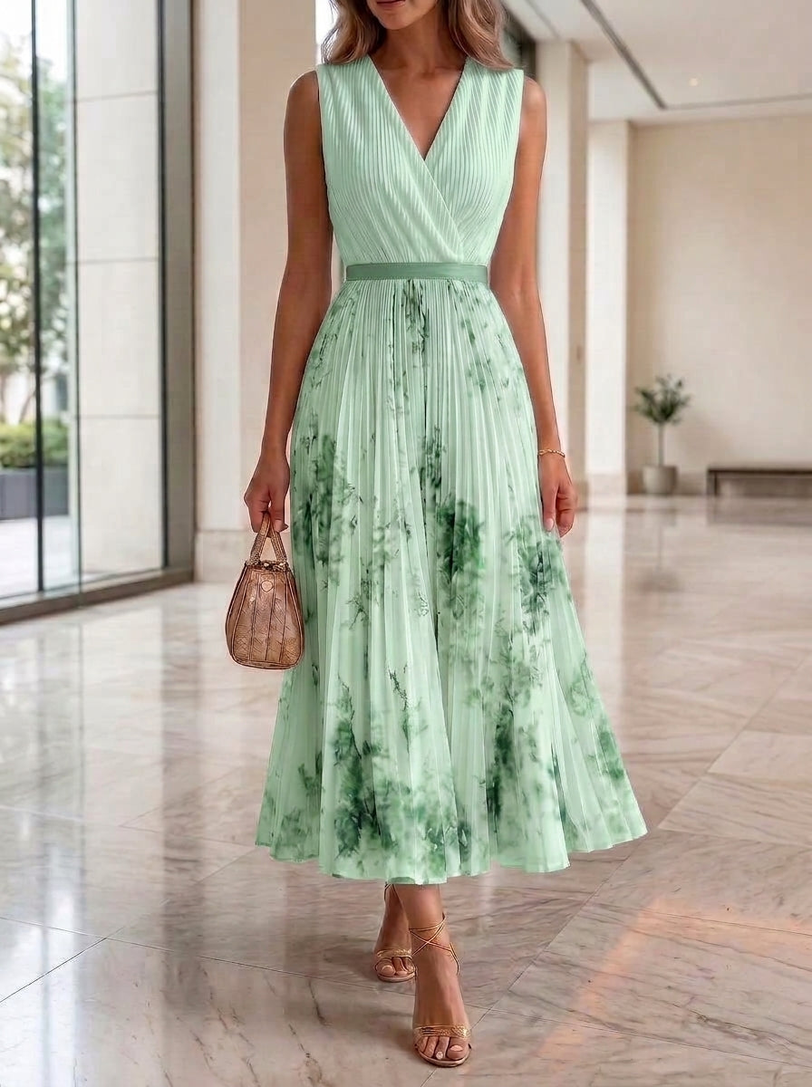 Floral Pleated V-Neck Maxi Dress