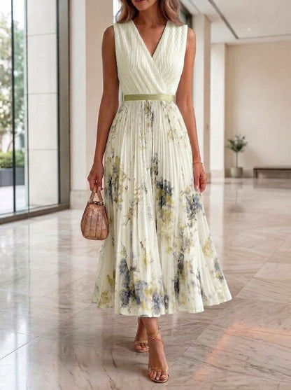 Floral Pleated V-Neck Maxi Dress
