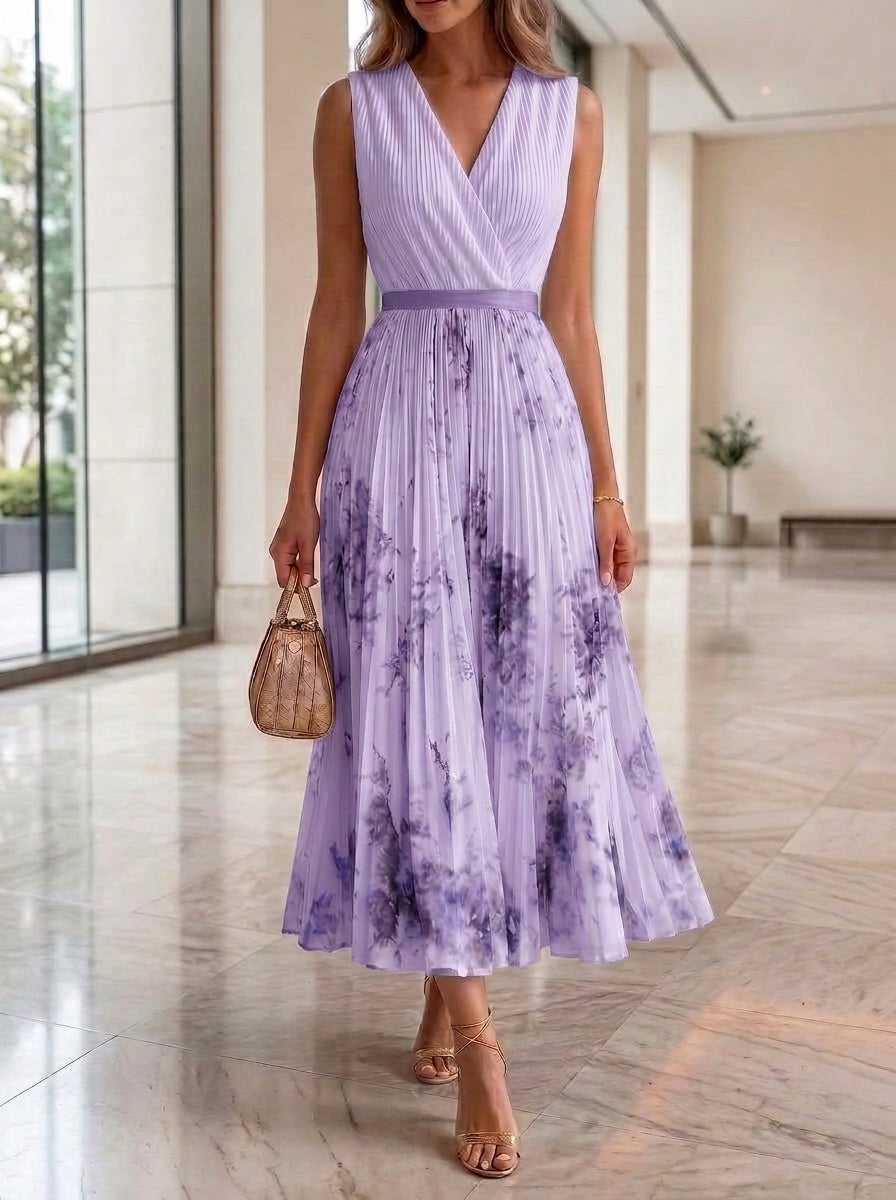 Floral Pleated V-Neck Maxi Dress