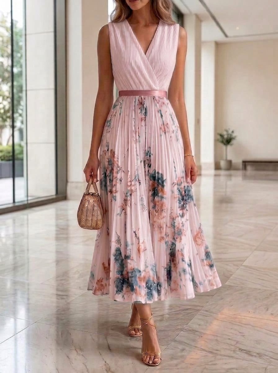 Floral Pleated V-Neck Maxi Dress