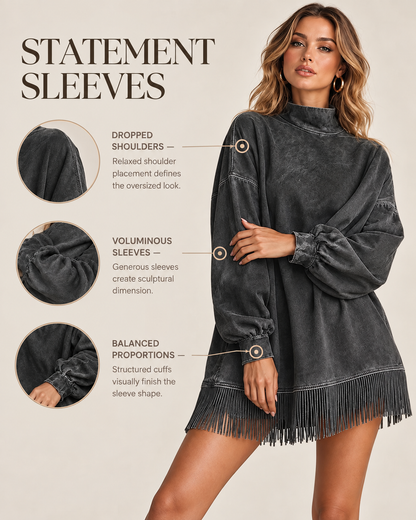 Casual Washed Turtleneck Long Sleeve Tassel Dress