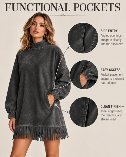 Casual Washed Turtleneck Long Sleeve Tassel Dress