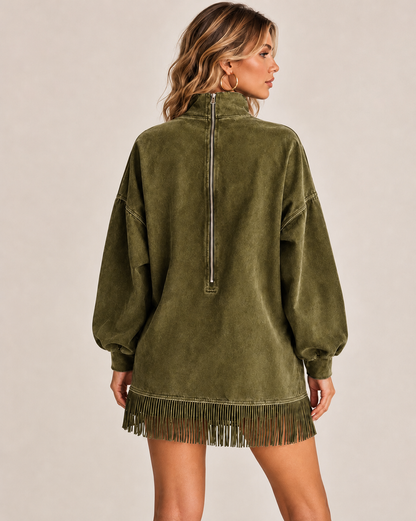 Casual Washed Turtleneck Long Sleeve Tassel Dress