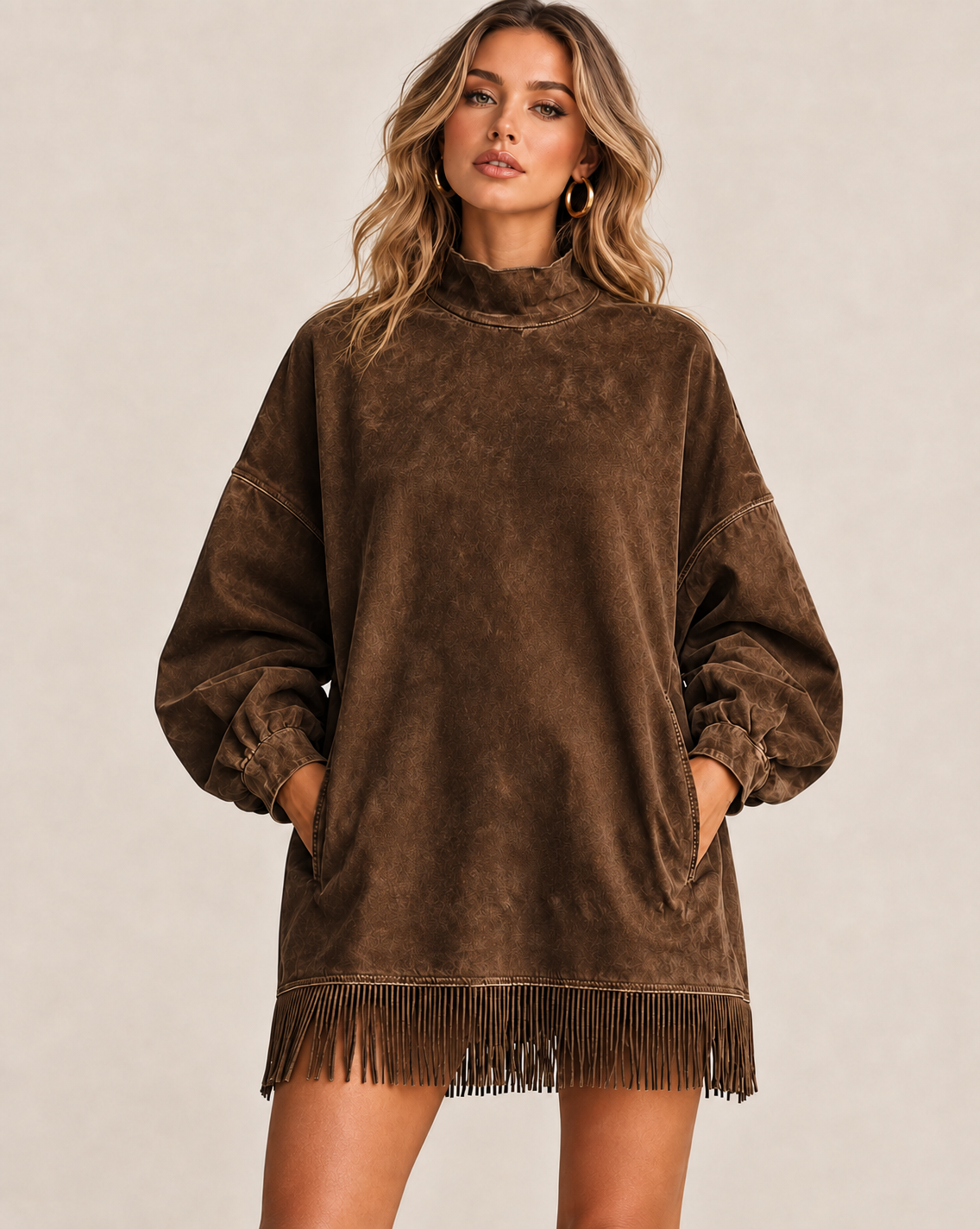 Casual Washed Turtleneck Long Sleeve Tassel Dress