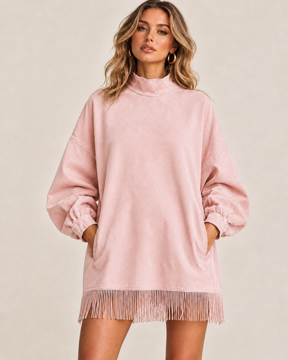 Casual Washed Turtleneck Long Sleeve Tassel Dress