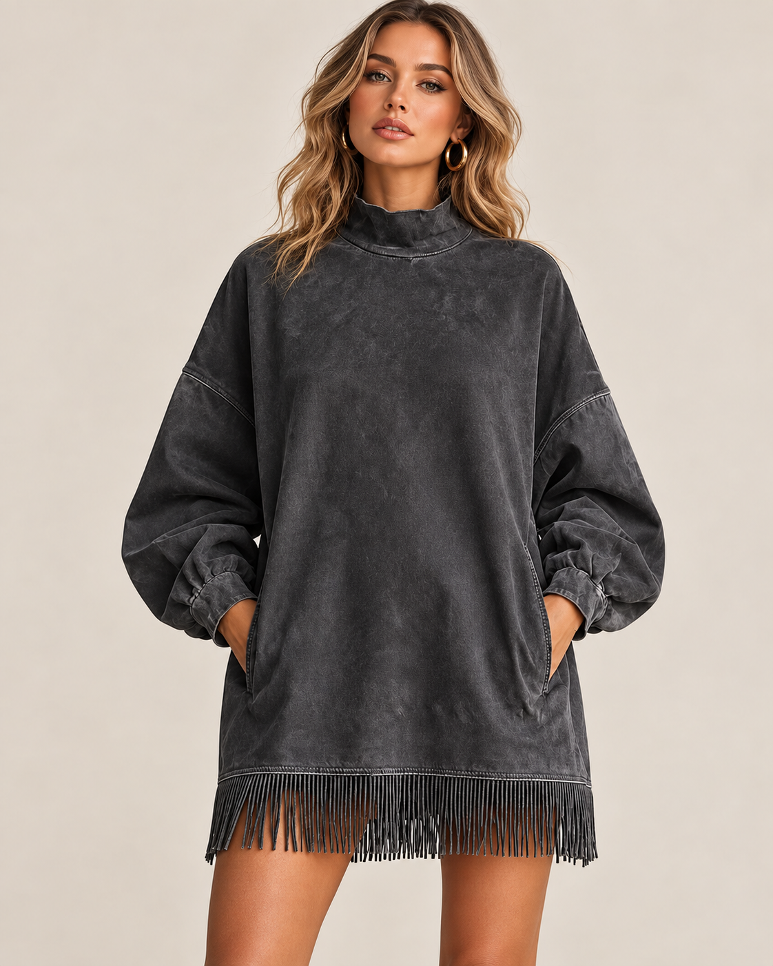Casual Washed Turtleneck Long Sleeve Tassel Dress