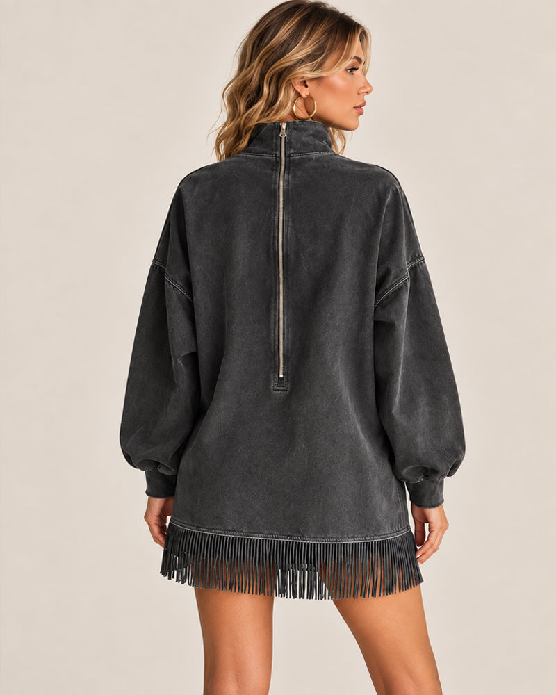 Casual Washed Turtleneck Long Sleeve Tassel Dress